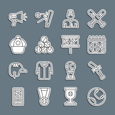 Set hattı beyzbol topu, kırık beyzbol sopası, oyun, oyuncu, şapka, megafon ve planlama stratejisi ikonu. Vektör