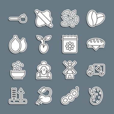 Tohum, un kamyonu, ekmek somunu, filiz, kabak tohumu, un dolu ölçü kabı ve bitki ikonu. Vektör