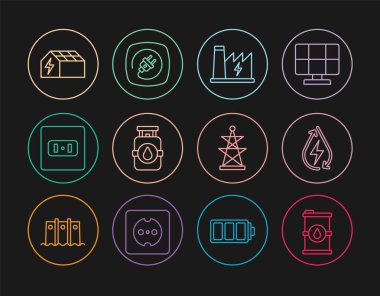 Biyolojik yakıt varili, su enerjisi, nükleer enerji santrali, propan gazı deposu, elektrik prizi, güneş paneli, kule ve fiş ikonu ayarlayın. Vektör