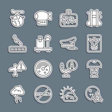 Modern pilot kaskı, paraşütle uçan kutu, pasaport, bavul, bavul, pul, uçak inişi, Globe uçağı ve pilot şapka ikonu. Vektör