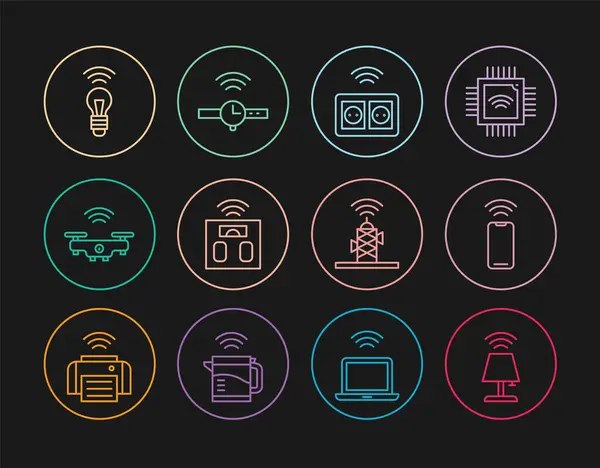 stock vector Set line Smart table lamp, Wireless smartphone, electrical outlet, bathroom scales, drone, light bulb, antenna and Smartwatch icon. Vector