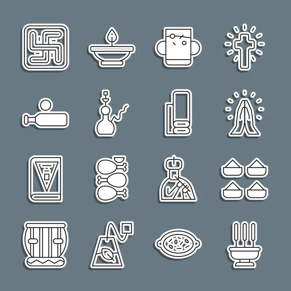 Tütsü çubukları, Hint baharatı, dua eden eller, bir fincan çay yaprağı, nargile, tahta kriket topu, Hindu gamalı haç ve tekstil kumaş ikonu. Vektör
