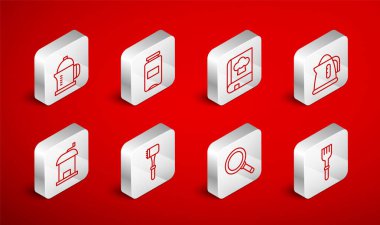 Set hattı Fork, Reçel Kavanozu, Yemek Kitabı, Elektrikli Kettle, Kızartma Tavası, Fransız presi, Mutfak Çekici ve Manual kahve öğütücü ikonu. Vektör