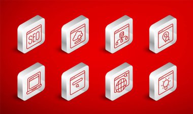 Satır Tarayıcı penceresi, Bulut teknolojisi veri transferi, Server, Data, Şehir haritasının Infographic, Arama motoru, SEO optimizasyonu ve tarayıcı simgesine sahip laptop ayarlayın. Vektör