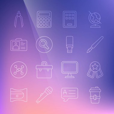 Sıralı kahve fincanı, yıldız madalyası, boya fırçası, grafiksel tablet, büyüteç, kimlik kartı, çizim pusulası ve USB flash disk simgesi. Vektör