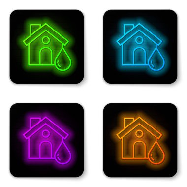 Parlayan neon hattı House sel ikonu beyaz arka planda izole edildi. Suyun altındaki evi sel basıyor. Sigorta konsepti. Güvenlik, güvenlik, koruma, konsepti koruma...