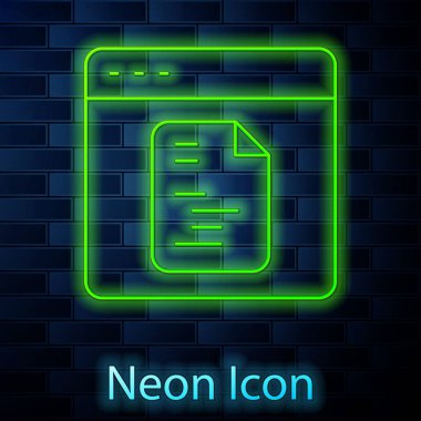 Parlayan neon hattı Yazılım, ağ geliştirici programlama kod simgesi tuğla duvar arka planında izole edildi. Program kodunun rastgele bilgisayar betiği parçalarını Javascript et. Vektör