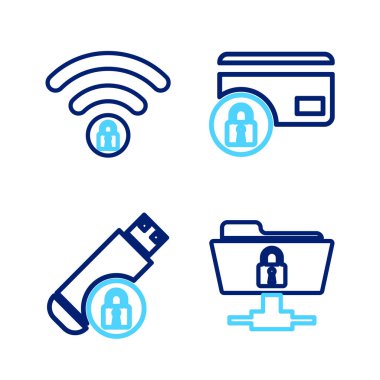 FTP dizini, USB flash diski, kredi kartı ve Wifi ikonu ile kilitle. Vektör