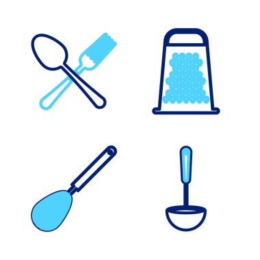 Mutfak kepçesini, çırpıcıyı, ızgarayı ve çapraz çatalı ve kaşık ikonunu ayarla. Vektör