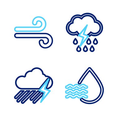 Su bırakma yüzdesini, yağmurlu ve şimşekli bulutu ve rüzgar simgesini ayarla. Vektör