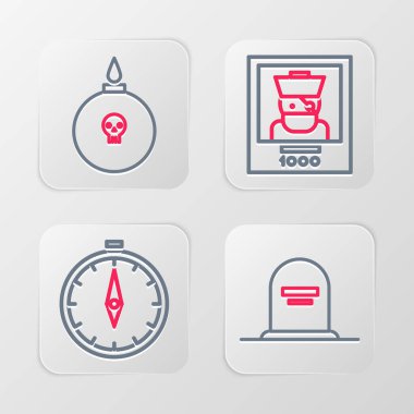 RIP yazılı Tombstone hattı, pusula, aranıyor poster korsanı ve bomba patlamaya hazır. Vektör