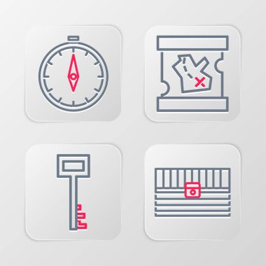 Antik hazine sandığı, korsan anahtarı, harita ve pusula simgesi. Vektör