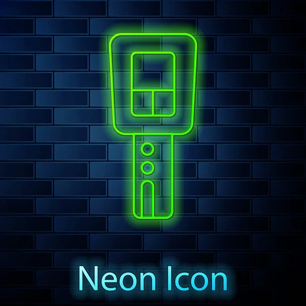 Zářící Neonová Čára Klíč Auta Vzdálenou Ikonou Izolovanou Pozadí Cihlové — Stockový vektor