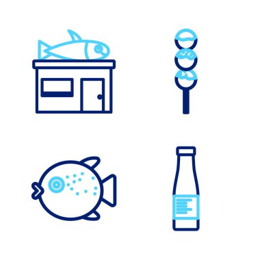 Saf sos şişesi, kirpi balığı, çubukta Takoyaki ve deniz ürünleri ikonu. Vektör