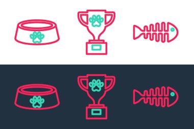 Balık iskeleti, evcil hayvan yemek kasesi ve ödül ikonu. Vektör