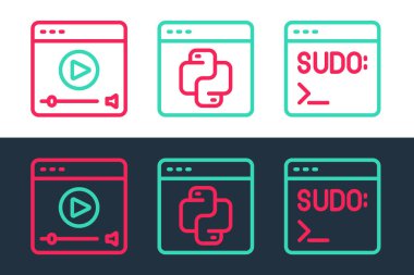 Satır kodu terminali, çevrimiçi oyun videosu ve Python programlama dili simgesini ayarla. Vektör