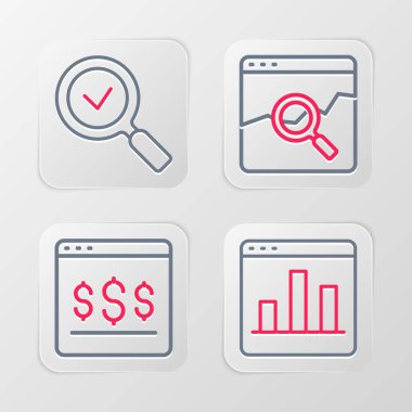 Satır grafiği bilgisini ayarla, çevrimiçi alışveriş ekranda, hisse senedi piyasası ve büyüteç kontrol simgesi olan web sitesi. Vektör