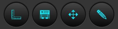 Katlanan cetvel, süpermarket binası, piksel okları dört yön ve kalem simgesi ayarla. Vektör.