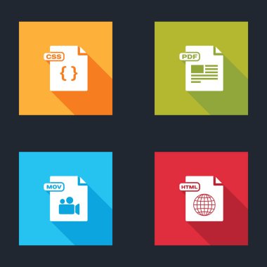 CSS dosya belgesi, PDF, MOV ve HTML simgesini ayarla. Vektör.