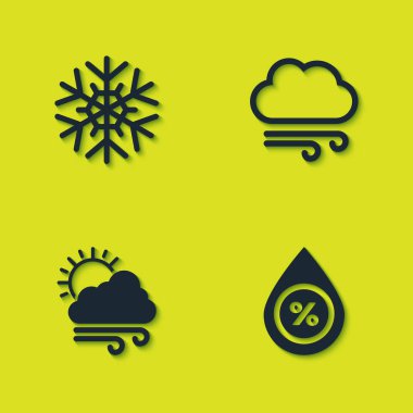 Kar Tanesi, su damlası yüzdesi, rüzgarlı hava ve ikon ayarla. Vektör.