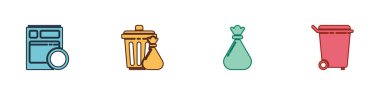 Mutfak bulaşık makinesini, çöp tenekesini, çöp torbasını, çöpü ve ikonu hazırla. Vektör.