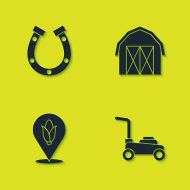 At nalı, çim biçme makinesi, konum mısır ve çiftlik evi ikonu. Vektör.