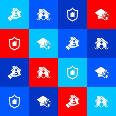 Ev sigortası, su baskını, kalkan ve mezuniyet şapkası ikonu. Vektör.