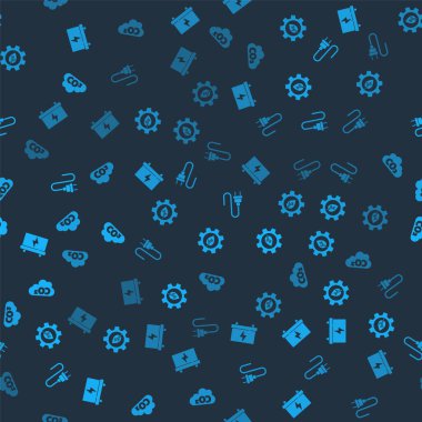 Araba aküsünü, yaprak fabrikasını vites makinesine, elektrik prizine ve karbondioksit emisyon bulutunu kusursuz şekilde ayarla. Vektör.