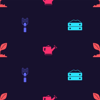 Un torbasını, bahçe tırmığı, su kovası ve bitkiyi pürüzsüz bir şekilde yerleştirin. Vektör