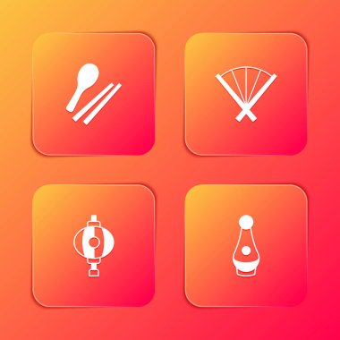 Yemek çubukları, geleneksel yelpaze, Kore feneri ve Soju şişesi ikonu. Vektör