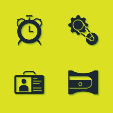 Alarm saatini, kalem açacağını, kimlik kartını ve zamanlama kemeri simgesini ayarla. Vektör