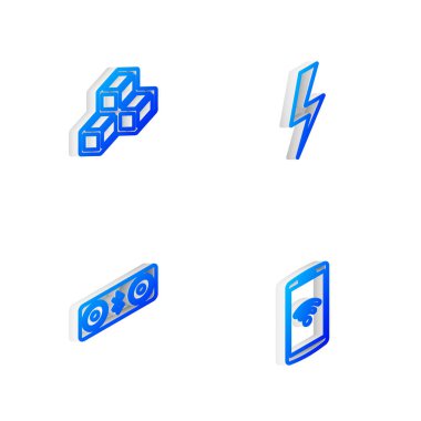 Isometric line Lightning bolt, Isometric Cube, Bluetooth hoparlörleri ve kablosuz ikonlu akıllı telefonu ayarla. Vektör.