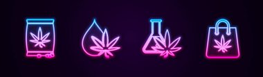 Marihuana ya da kenevir tohumları, yaprak yağı, marihuana ile test tüpü ve alışveriş torbası. Parlayan neon ikonu. Vektör.