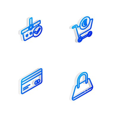 Isometric marka alışveriş arabası ve avro, çek damgalı sepet, kredi kartı ve çanta simgesini ayarla. Vektör.