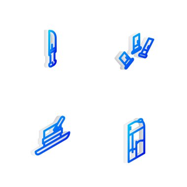 Isometric marka kartuşlar, avcı bıçağı, tüylü şapka ve ışıklı ikon. Vektör
