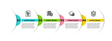 Kalkanla, House 'la, mezuniyet şapkasıyla ve sikkeyle sözleşmeyi ayarla. Ticari bilgi şablonu. Vektör
