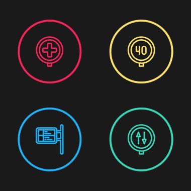 Ublic taşıma tahtası, yol uyarısı, trafik, hız sınırı ve hastane yol ikonu. Vektör