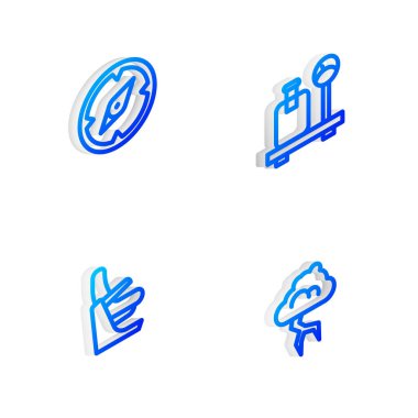 Isometric hattını bavul, pusula, uçak koltuğu ve Storm simgesi ile ayarla. Vektör