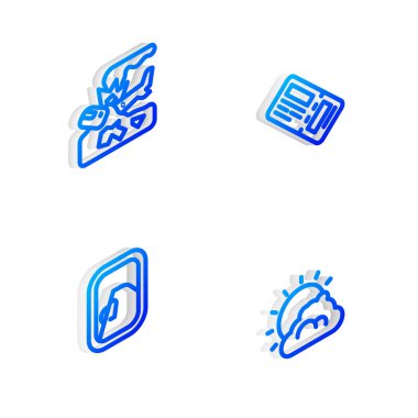 Isometric hattı uçak biletini, uçak kazasını, uçak penceresini, güneşi ve hava durumu ikonunu ayarla. Vektör