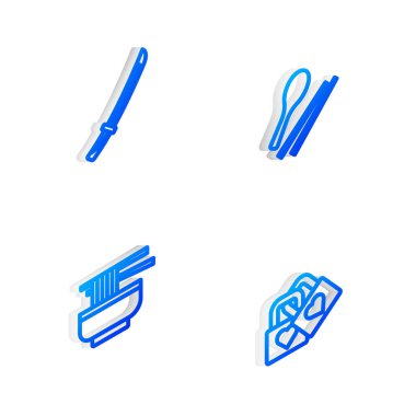 Isometric hattı yemek çubukları, Katana, Ramen ve Lock 'u kalp ikonu ile ayarla. Vektör