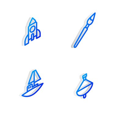 Isome hattı boya fırçasını, roket gemi oyuncağını, oyuncak tekneyi ve girdap simgesini ayarla. Vektör