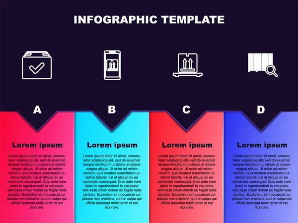 Satır Paket kutusunu işaretli olarak ayarla, mobil uygulama takibi, karton kutular palette ve arama barkodunda. Ticari bilgi şablonu. Vektör.