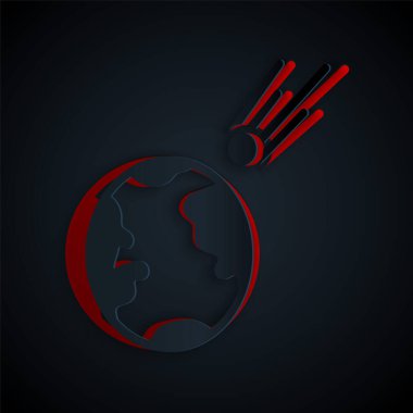 Kağıt kesiği Kuyrukluyıldız hızla düşüyor siyah arkaplanda izole edilmiş bir simge. Kağıt sanatı tarzı. Vektör İllüstrasyonu.