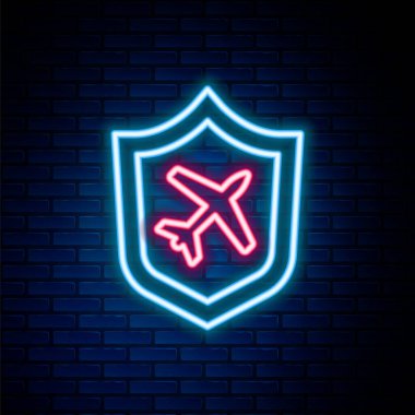 Parlayan neon hattı düzlemi ve tuğla duvar arka planında izole edilmiş kalkan simgesi. Uçan uçak. Uçak sigortası. Güvenlik, güvenlik, koruma, konsept koruma. Renkli taslak konsepti. Vektör