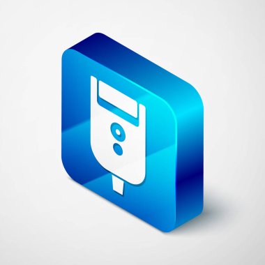 Gri arka planda izole edilmiş erkek simgesi için Isome elektrikli tıraş bıçağı. Elektrikli tıraş makinesi. Mavi kare düğme. Vektör İllüstrasyonu.