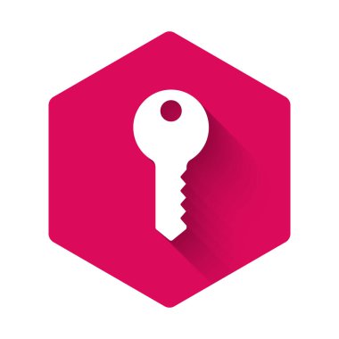 Beyaz Saray 'ın anahtar simgesi uzun gölgelerle izole edilmiş. Pembe altıgen düğmesi. Vektör.