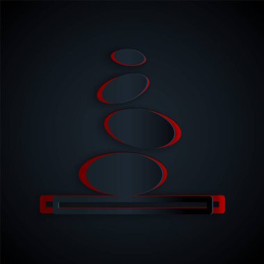 Kağıt kesiği Yığın sıcak taş simgesi siyah arkaplanda izole edildi. Spa salonu aksesuarı. Kağıt sanatı tarzı. Vektör.