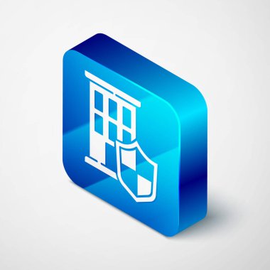 Gri arka planda kalkan simgesi olan Isometric House. Sigorta konsepti. Güvenlik, güvenlik, koruma, konsept koruma. Mavi kare düğme. Vektör..