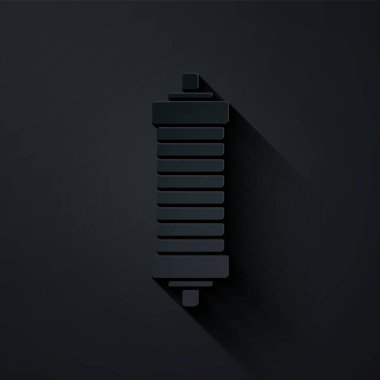 Kağıt kesiği. Siyah arkaplanda şok emici simgesi var. Kağıt sanatı tarzı. Vektör.