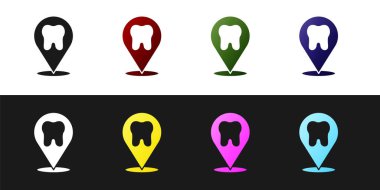 Diş sağlığı kliniği konumu simgesini siyah beyaz arkaplanda izole et. Vektör.